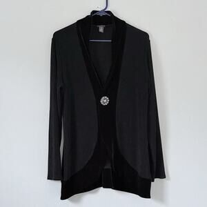 Chicos Travelers Sweater Jacket 1 (Medium) Black Velvet Trim Rhinestone Rework
